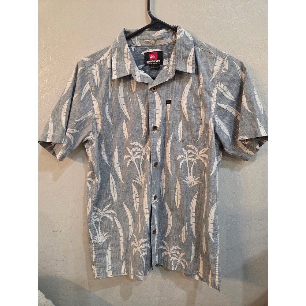 Quiksilver Boys Grey Palm Tree Surfboard Button Down Shirt Size Large 16-18